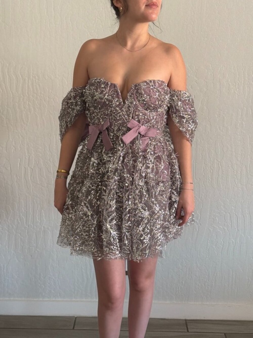 For Love & Lemons purple & silver paisley mini dress with bow detail #paisley #m